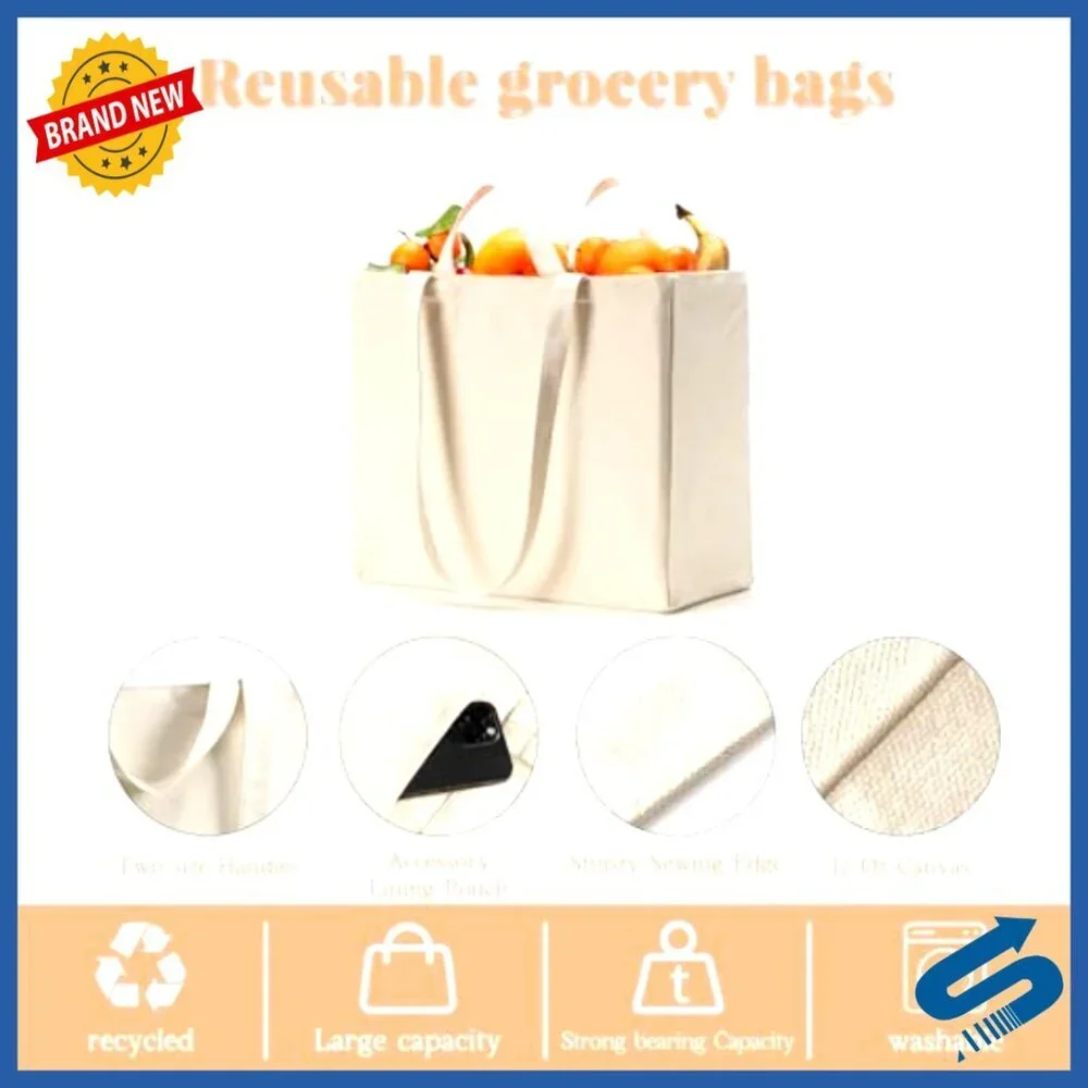 Heavy Duty Canvas Tote Bags Foldable Reusable Grocery Shopping Eco-Friendly